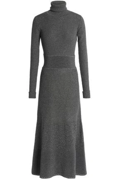 Shop Agnona Woman Metallic Ribbed-knit Turtleneck Midi Dress Gray