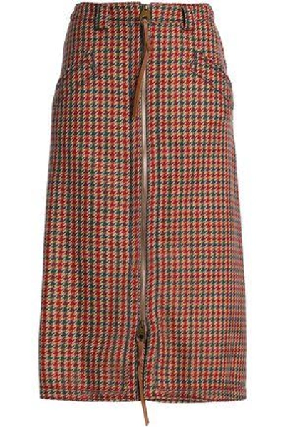 Shop Agnona Woman Leather-trimmed Houndstooth Wool Skirt Light Brown