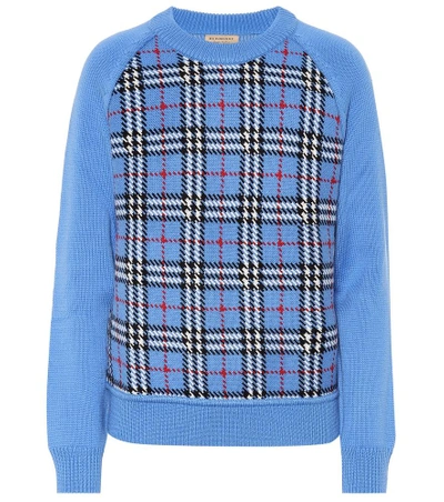 Shop Burberry Checked Wool Jacquard Sweater In Blue