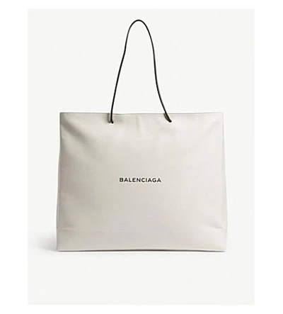 Shop Balenciaga Logo Large Grained Leather Tote In White Black