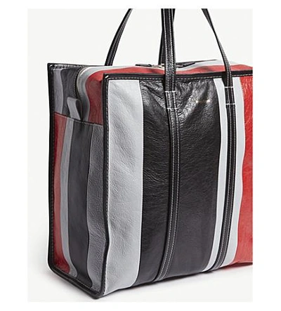 Shop Balenciaga Bazar Medium Striped Leather Tote In Gry Blk Red