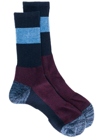 Shop Junya Watanabe Ribbed Knit Colour Block Socks In Blue