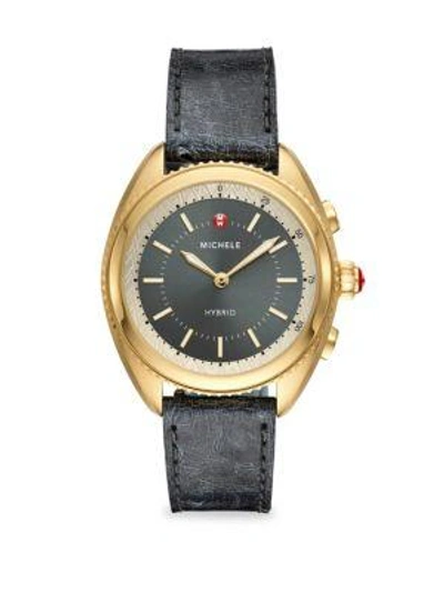 Shop Michele Watches Gold-plated Shadow Grey Dial & Shadow Grey Ostrich Hybrid Smart Watch In Black