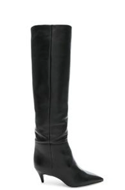Shop Saint Laurent Leather Charlotte Kitten Heel Knee High Boots In Black