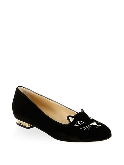 Shop Charlotte Olympia Kitty Embroidered Velvet Flats In Black