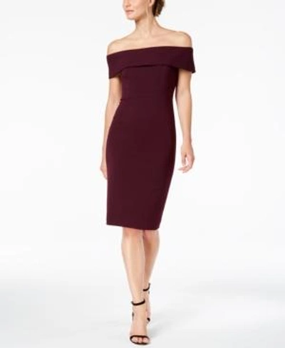 Shop Calvin Klein Petite Off-the-shoulder Scuba Crepe Dress In Aubergine