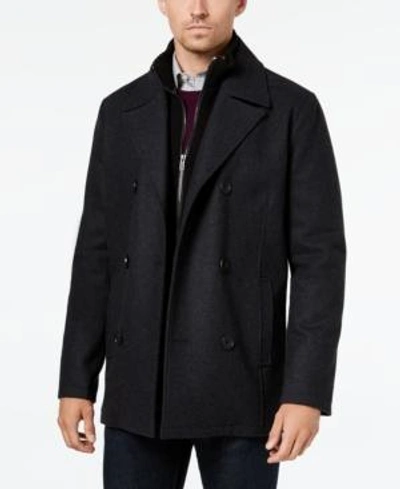 Shop Kenneth Cole Men's Double Breasted Wool Blend Peacoat With Bib In Charcoal