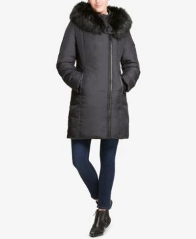Shop Dkny Faux-fur-trim Hooded Puffer Coat, Created For Macy's In Black