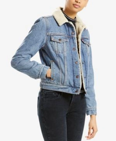 Shop Levi's Women's Original Denim Trucker With Sherpa Lining In Divided Blue