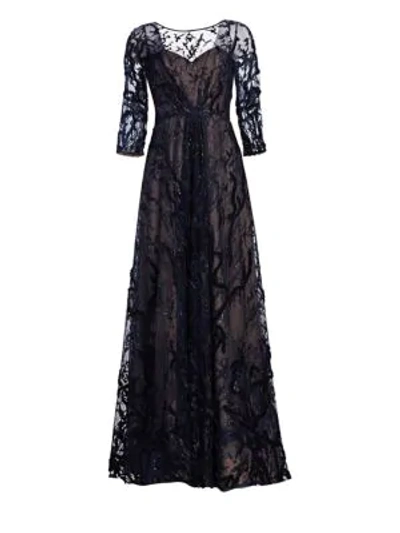 Shop Rene Ruiz Embellished A-line Gown In Navy