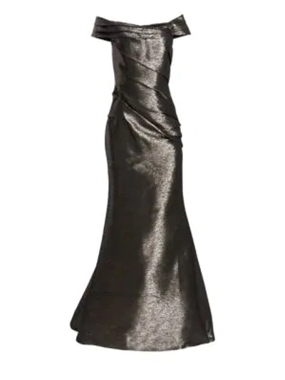 Shop Rene Ruiz Off-the-shoulder Metallic Gown In Pewter