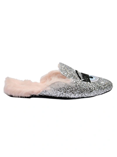 Shop Chiara Ferragni Flirting Glitter Mules In Fur Pink-silver Glitter
