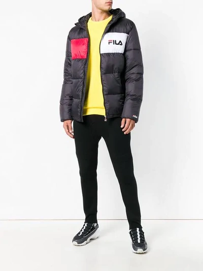 Fila Logo Printed Hooded Nylon Puffer Jacket In Black | ModeSens
