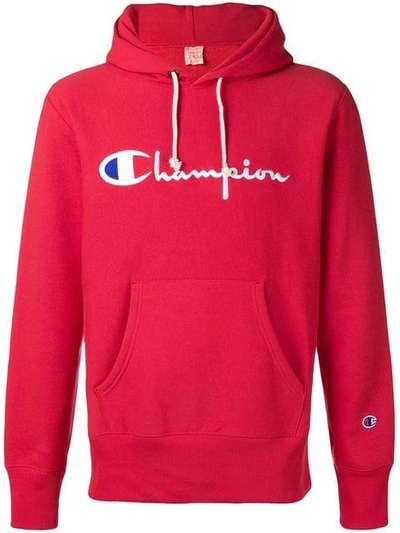 Shop Champion Logo Embroidered Long Sleeve Hoodie In Red