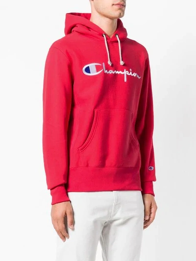 Shop Champion Logo Embroidered Long Sleeve Hoodie In Red