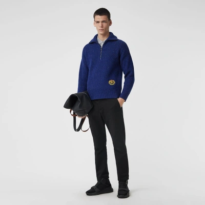 Shop Burberry Rib Knit Wool Cashmere Blend Half-zip Sweater In Navy