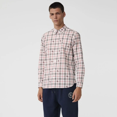 Shop Burberry Equestrian Knight Check Cotton Shirt In Natural White