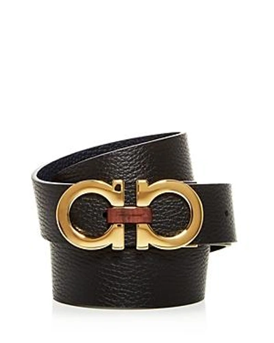 Shop Ferragamo Double Gancini Reversible Leather Belt In Black/blue