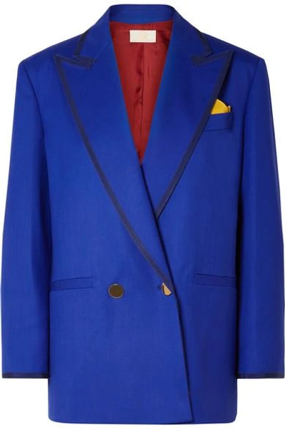 Shop Sara Battaglia Double-breasted Grosgrain-trimmed Wool-blend Twill Blazer In Bright Blue