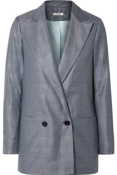 Shop Ganni Oversized Checked Silk And Wool-blend Blazer In Blue