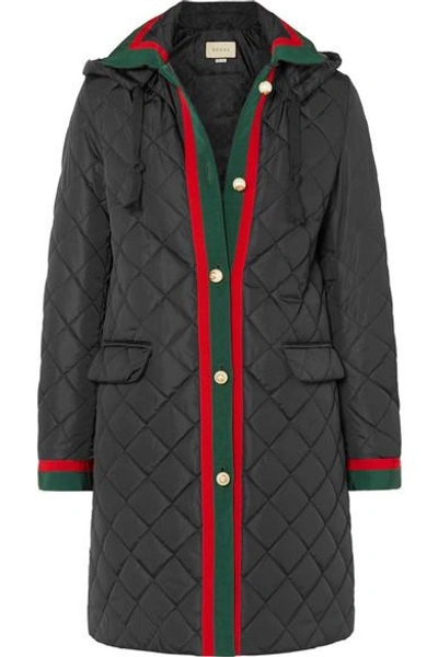 Shop Gucci Hooded Grosgrain-trimmed Quilted Shell Coat In Black