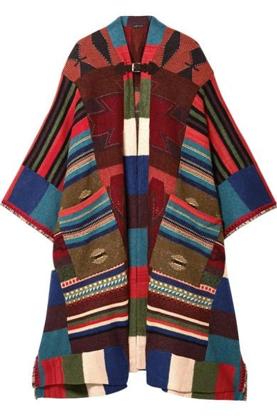 Shop Etro Fringed Leather-trimmed Wool-blend Cape In Red