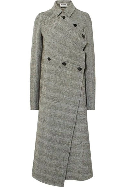 Shop Jil Sander Asymmetric Prince Of Wales Checked Wool-blend Coat In Gray