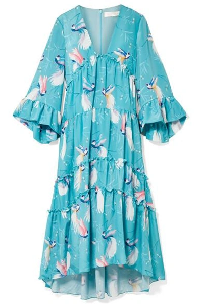 Shop Borgo De Nor Iris Ruffle-trimmed Printed Crepe De Chine Maxi Dress In Sky Blue