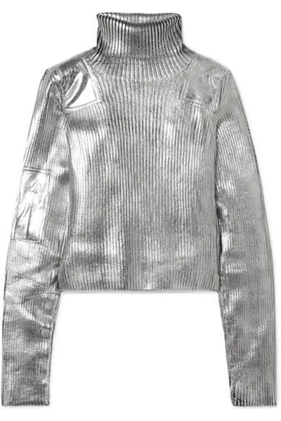 Shop Mm6 Maison Margiela Metallic Ribbed-knit Turtleneck Sweater In Silver