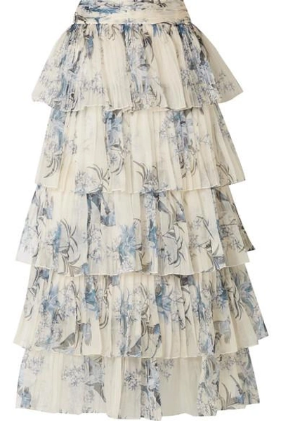 Shop Johanna Ortiz Journey Of The Soul Tiered Pleated Floral-print Silk-organza Skirt In White
