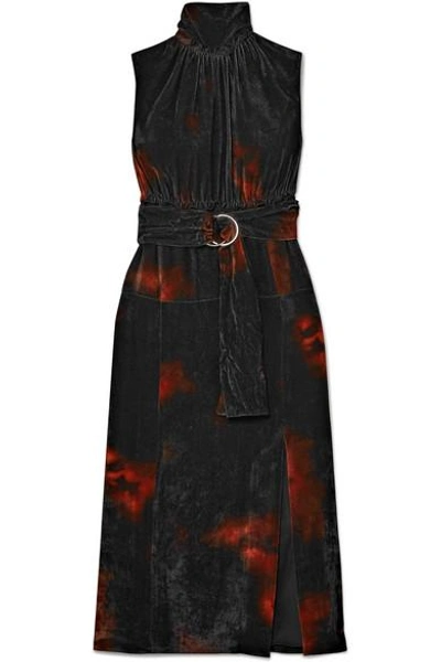 Shop Altuzarra Ruffled Tie-dye Velvet Turtleneck Midi Dress In Orange