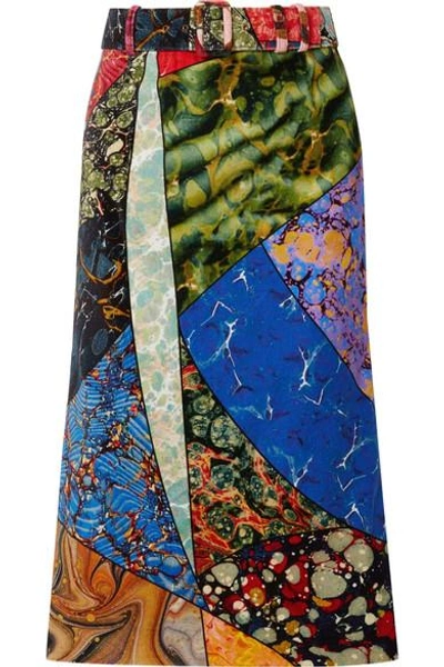 Shop Rosie Assoulin Belted Printed Cotton-velvet Midi Skirt In Bright Blue