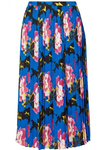 Shop Kenzo Pleated Floral-print Crepe Midi Skirt In Cobalt Blue