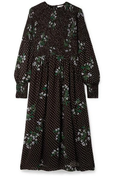 Shop Ganni Rometty Smocked Printed Georgette Midi Dress In Black