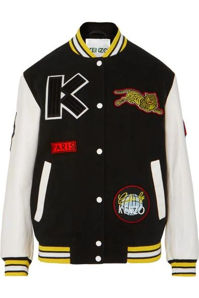 Shop Kenzo Embroidered Wool-blend And Leather Bomber Jacket In Black