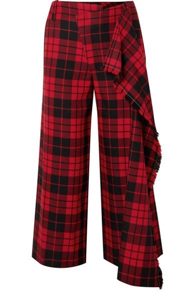 Shop Monse Cropped Tartan Wool Wide-leg Pants In Red