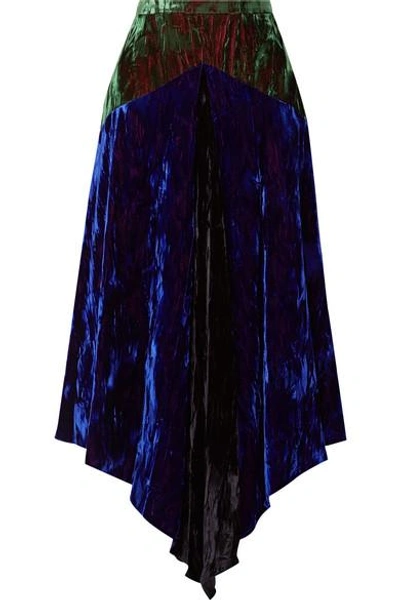 Shop Christopher Kane Asymmetric Paneled Crushed-velvet Midi Skirt In Blue