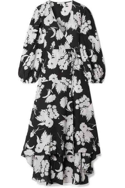 Shop Ganni Floral-print Silk Crepe De Chine Wrap Dress In Black
