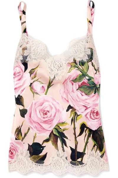 Shop Dolce & Gabbana Lace-trimmed Floral-print Stretch-satin Camisole In Blush