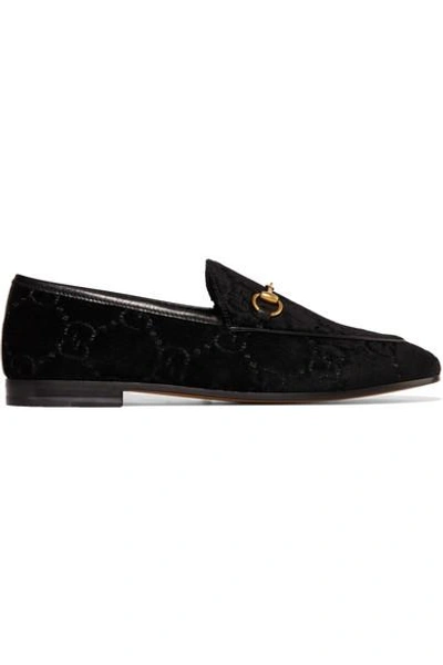 Shop Gucci Jordaan Horsebit-detailed Leather-trimmed Logo-jacquard Loafers In Black