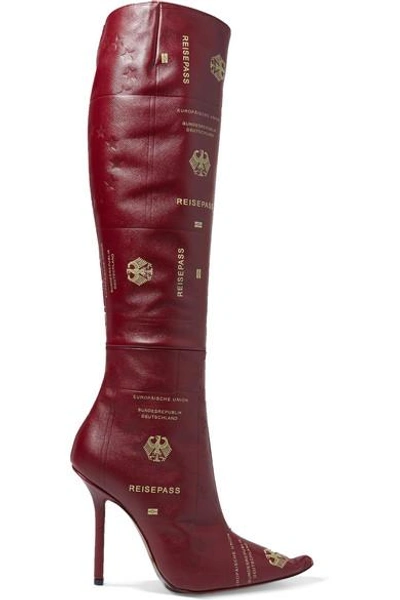 Shop Vetements Passport Printed Textured-leather Knee Boots In Claret