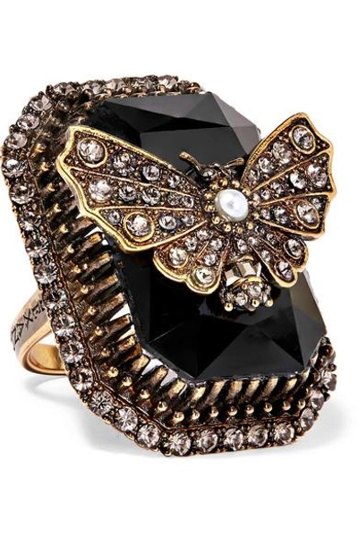 Shop Alexander Mcqueen Gold-plated, Swarovski Crystal And Faux Pearl Ring In Black