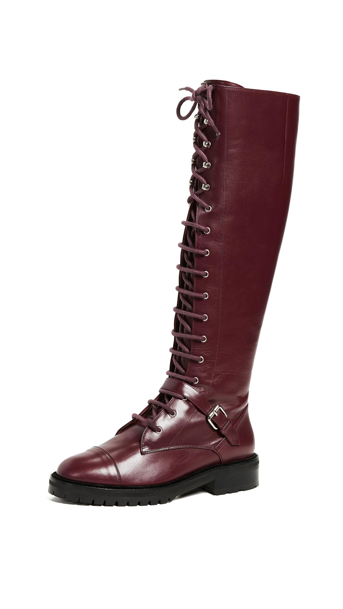 burgundy flat knee high boots