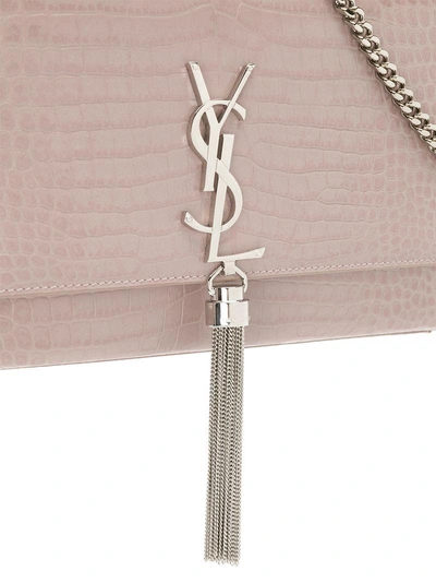 Shop Saint Laurent Crocodile Embossed Kate Tassel Clutch Bag In Neutrals