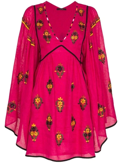 Shop Vita Kin Jasmine V-neck Floral Embroidered Linen Dress In Pink