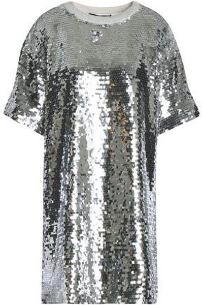 Shop Love Moschino Woman Sequined Cotton-blend Mesh Mini Dress Silver
