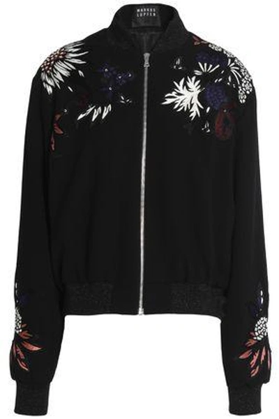 Shop Markus Lupfer Woman Embellished Embroidered Wool-blend Crepe Bomber Jacket Black