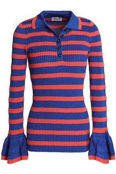 Shop Baum Und Pferdgarten Woman Metallic Striped Ribbed-knit Sweater Bright Blue