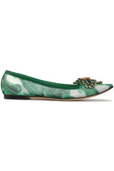 Shop Dolce & Gabbana Woman Crystal-embellished Printed Mesh Point-toe Flats Green