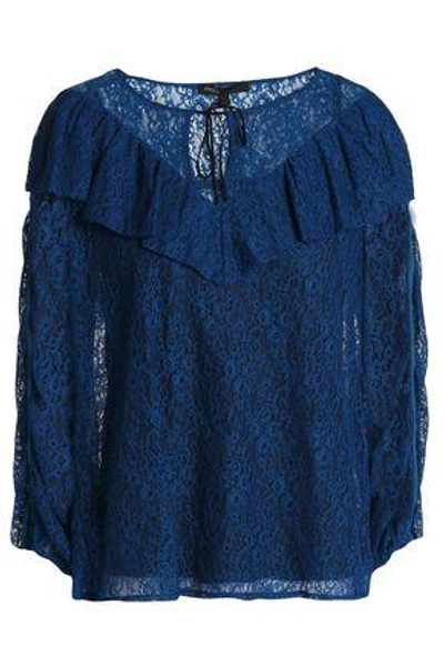 Shop Maje Velvet-trimmed Ruffled Lace Blouse In Royal Blue